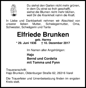 Traueranzeige von Elfriede Brunken von Nordwest-Zeitung