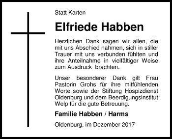 Traueranzeige von Elfriede Habben von Nordwest-Zeitung