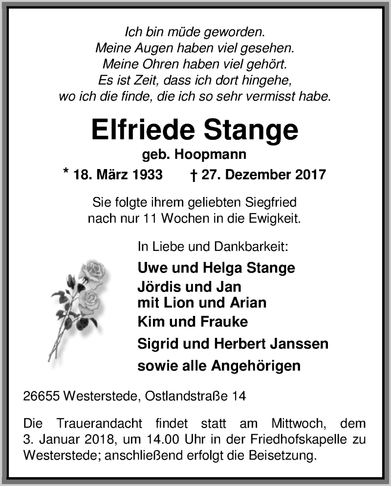  Traueranzeige für Elfriede Stange vom 29.12.2017 aus Nordwest-Zeitung