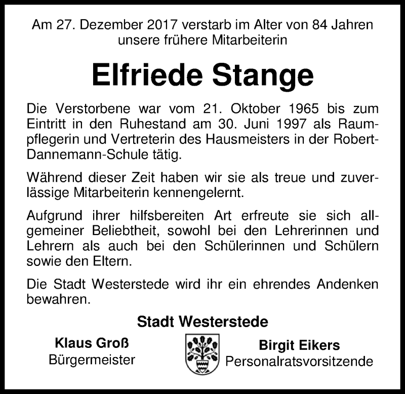  Traueranzeige für Elfriede Stange vom 29.12.2017 aus Nordwest-Zeitung