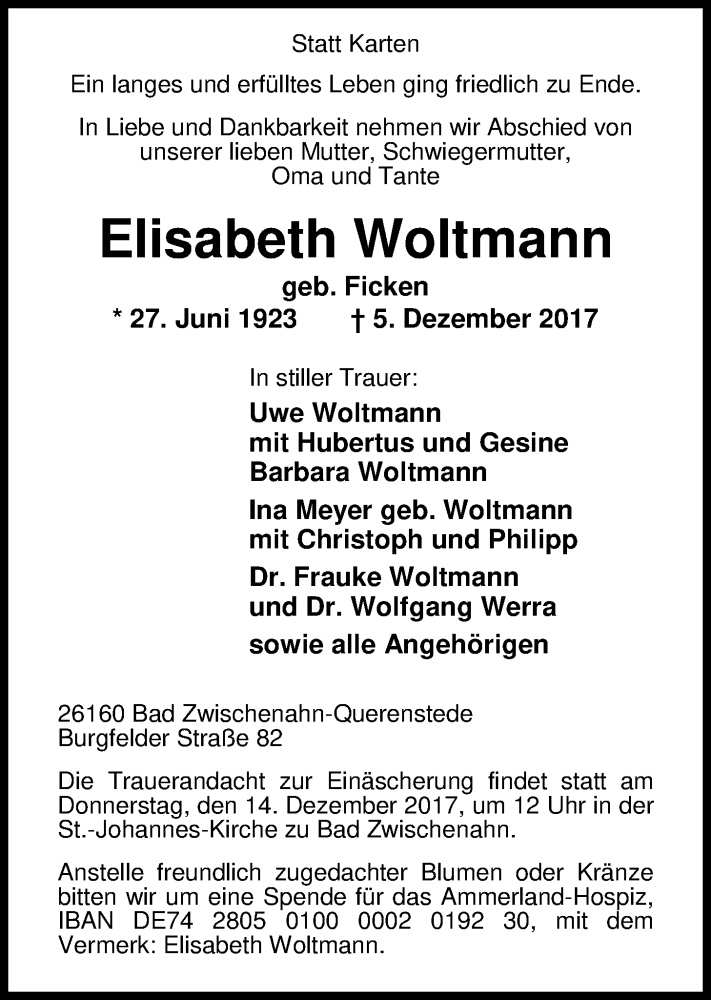  Traueranzeige für Elisabeth Woltmann vom 09.12.2017 aus Nordwest-Zeitung