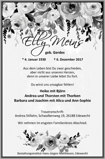 Traueranzeige von Elly Meins von Nordwest-Zeitung