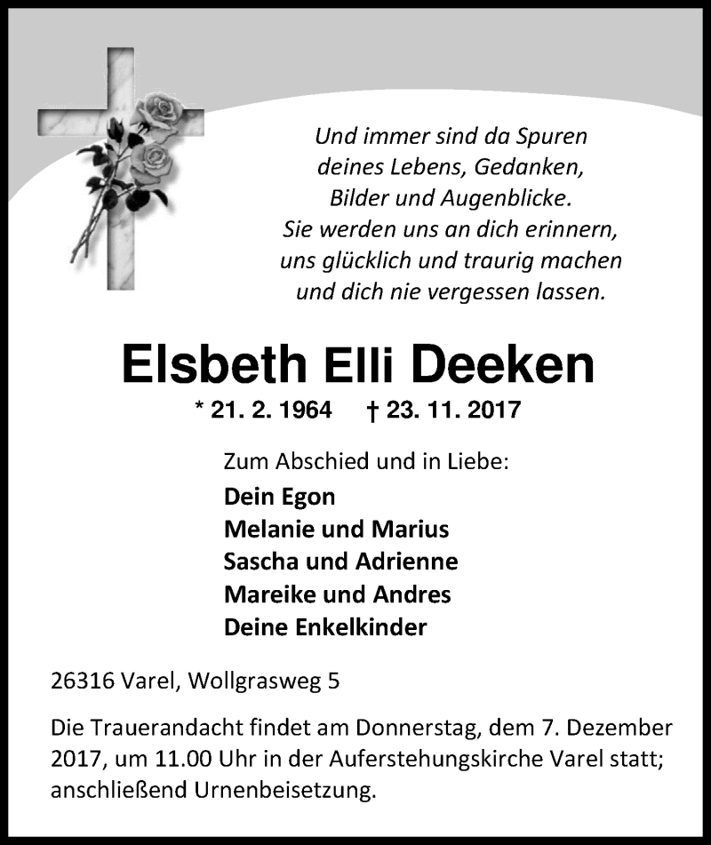 Traueranzeige für Elsbeth Elli Deeken vom 02.12.2017 aus Nordwest-Zeitung