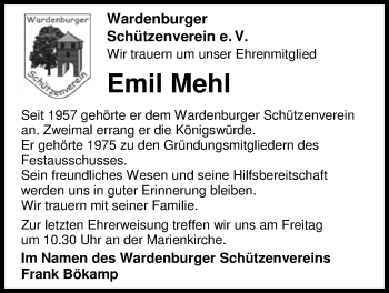 Traueranzeige von Emil Mehl von Nordwest-Zeitung