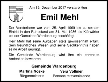 Traueranzeige von Emil Mehl von Nordwest-Zeitung