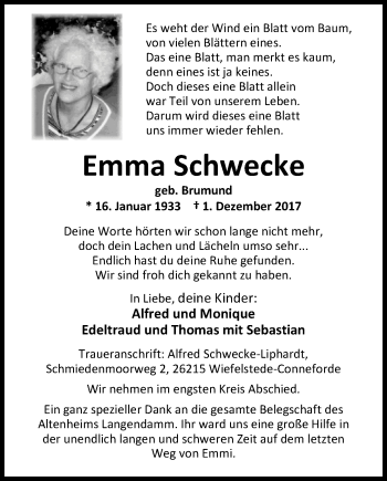 Traueranzeige von Emma Schwecke von Nordwest-Zeitung