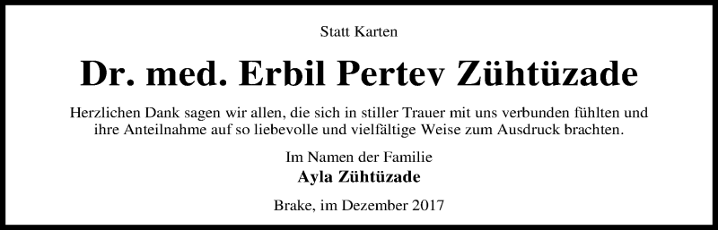  Traueranzeige für Dr. Erbil Pertev Zühtüzade vom 18.12.2017 aus Nordwest-Zeitung