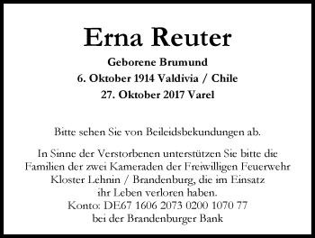 Traueranzeige von Erna Reuter von Nordwest-Zeitung