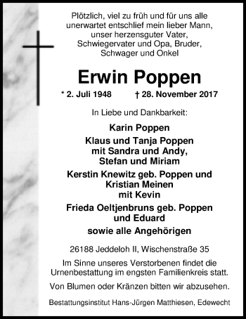 Traueranzeige von Erwin Poppen von Nordwest-Zeitung