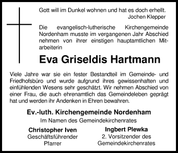 Traueranzeige von Eva Griseldis Hartmann von Nordwest-Zeitung