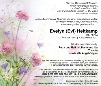 Traueranzeige von Evelyn Heitkamp von Nordwest-Zeitung
