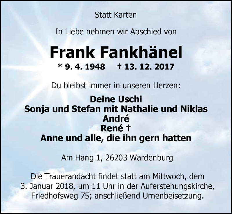  Traueranzeige für Frank Fankhänel vom 30.12.2017 aus Nordwest-Zeitung
