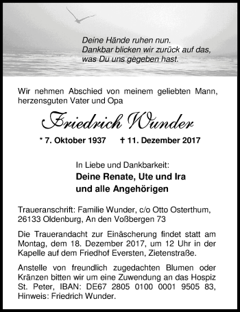 Traueranzeige von Friedrich Wunder von Nordwest-Zeitung