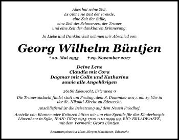 Traueranzeige von Georg Wilhlem Büntjen von Nordwest-Zeitung
