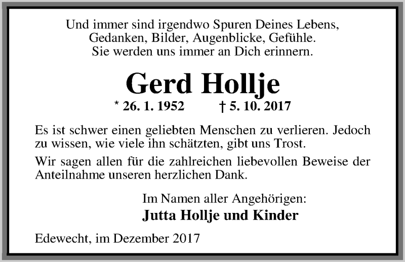  Traueranzeige für Gerd Hollje vom 09.12.2017 aus Nordwest-Zeitung