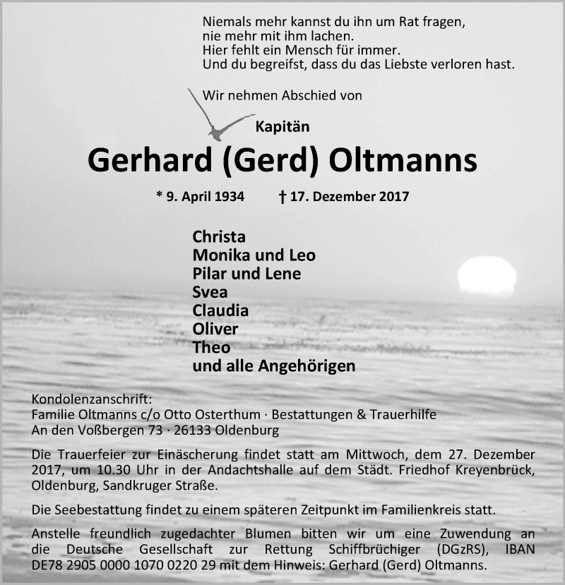  Traueranzeige für Gerhard Oltmanns vom 20.12.2017 aus Nordwest-Zeitung