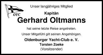 Traueranzeige von Gerhard Oltmanns von Nordwest-Zeitung