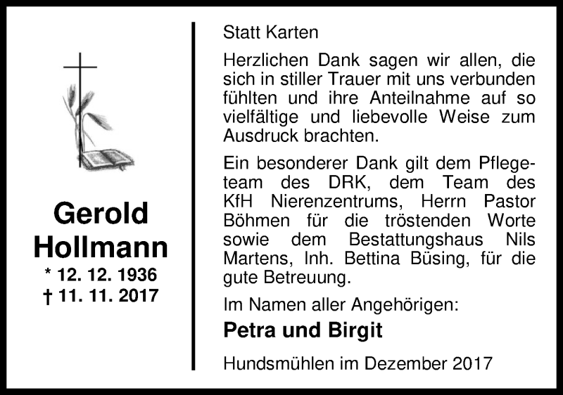  Traueranzeige für Gerold Hollmann vom 30.12.2017 aus Nordwest-Zeitung