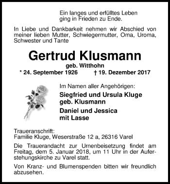 Traueranzeige von Gertrud Klusmann von Nordwest-Zeitung