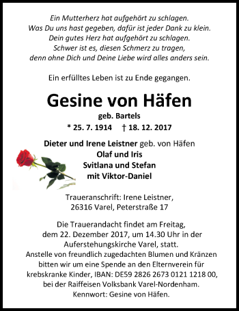 Traueranzeige von Gesine von Häfen von Nordwest-Zeitung