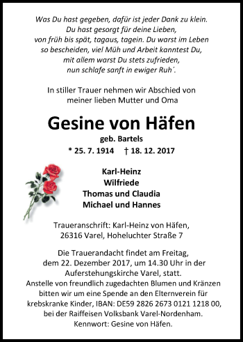 Traueranzeige von Gesine von Häfen von Nordwest-Zeitung