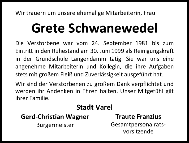  Traueranzeige für Grete Schwanewedel vom 05.12.2017 aus Nordwest-Zeitung