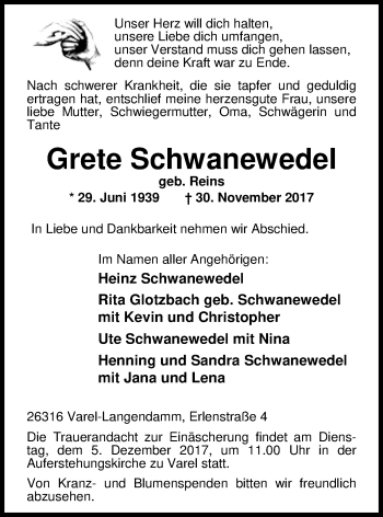 Traueranzeige von Grete Schwanewedel von Nordwest-Zeitung