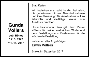 Traueranzeige von Gunda Vollers von Nordwest-Zeitung