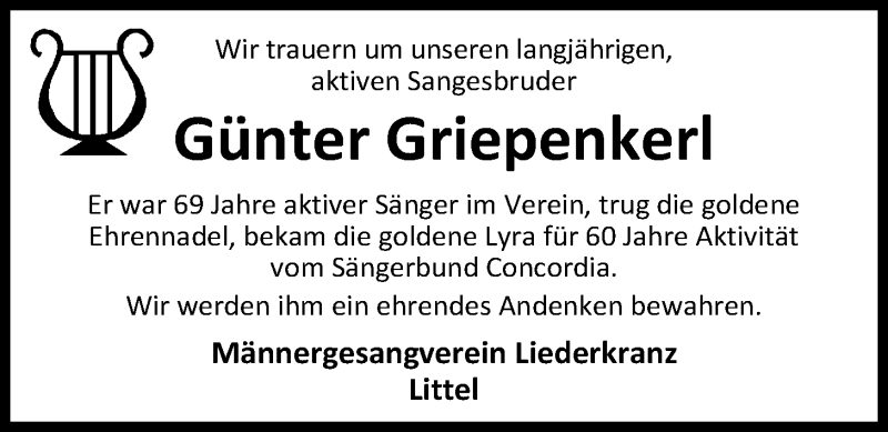  Traueranzeige für Günter Griepenkerl vom 30.12.2017 aus Nordwest-Zeitung