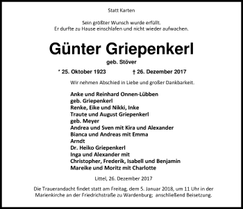 Traueranzeige von Günter Griepenkerl von Nordwest-Zeitung