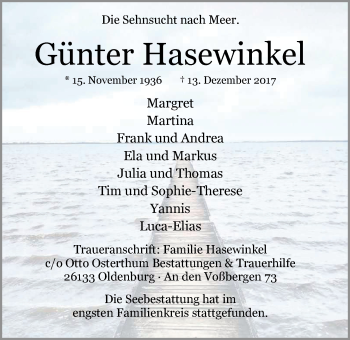 Traueranzeige von Günter Hasewinkel von Nordwest-Zeitung