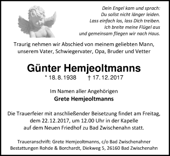 Traueranzeige von Günter Hemjeoltmanns von Nordwest-Zeitung