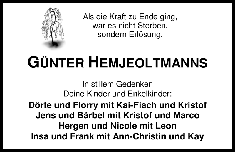  Traueranzeige für Günter Hemjeoltmanns vom 19.12.2017 aus Nordwest-Zeitung