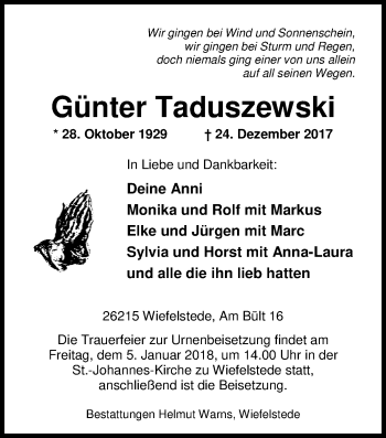 Traueranzeige von Günter Taduszewski von Nordwest-Zeitung
