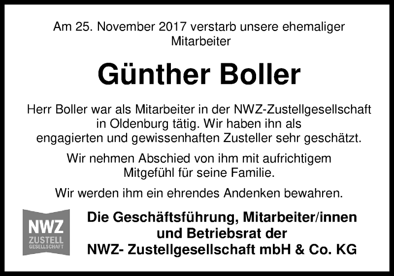  Traueranzeige für Günther Boller vom 16.12.2017 aus Nordwest-Zeitung