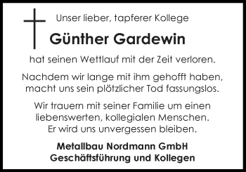 Traueranzeige von Günther Gardewin von Nordwest-Zeitung