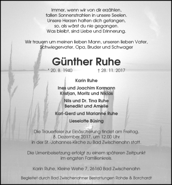 Traueranzeige von Günther Ruhe von Nordwest-Zeitung