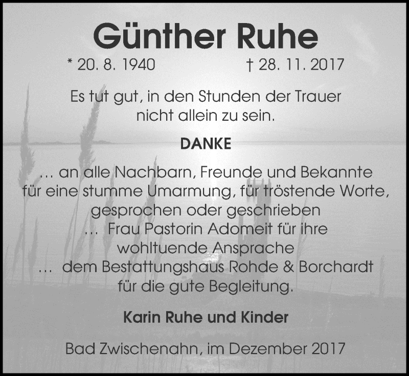  Traueranzeige für Günther Ruhe vom 29.12.2017 aus Nordwest-Zeitung