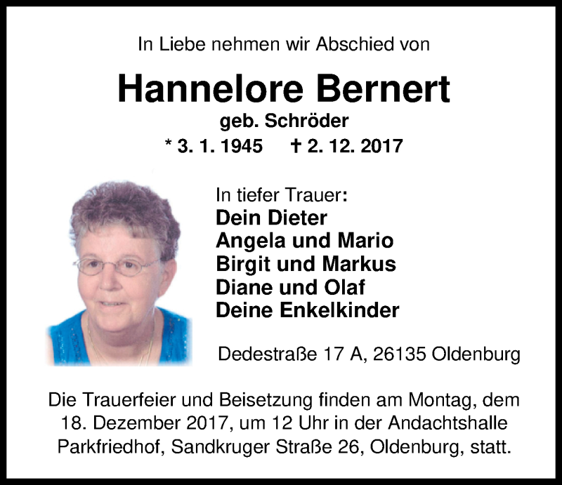  Traueranzeige für Hannelore Bernert vom 09.12.2017 aus Nordwest-Zeitung