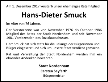 Traueranzeige von Hans-Dieter Smuck von Nordwest-Zeitung