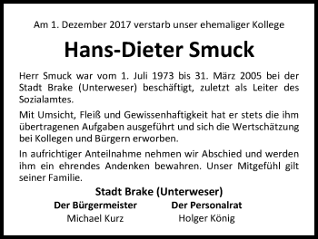 Traueranzeige von Hans-Dieter Smuck von Nordwest-Zeitung