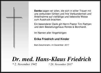 Traueranzeige von Hans-Klaus Friedrich von Nordwest-Zeitung