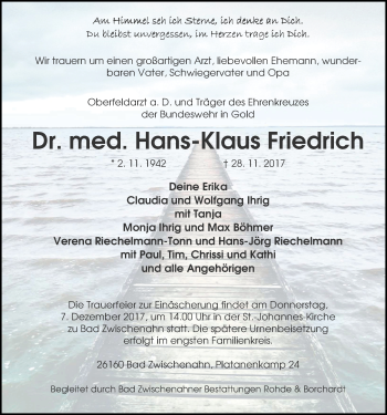 Traueranzeige von Hans-Klaus Friedrich von Nordwest-Zeitung