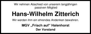 Traueranzeige von Hans Wilhelm Zitterich von Nordwest-Zeitung