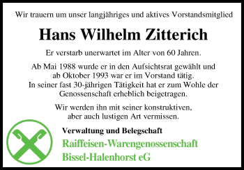 Traueranzeige von Hans Wilhelm Zitterich von Nordwest-Zeitung