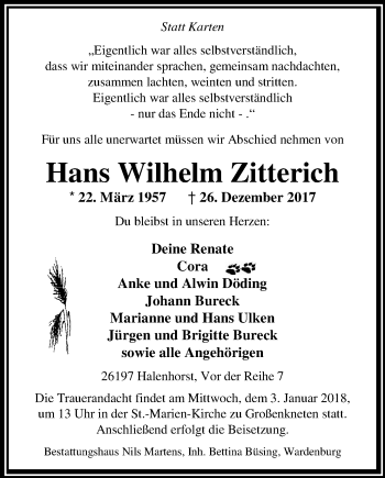 Traueranzeige von Hans Wilhelm Zitterich von Nordwest-Zeitung