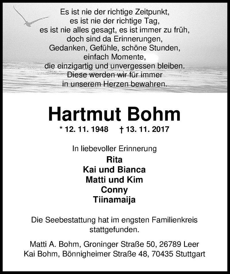  Traueranzeige für Hartmut Bohm vom 30.12.2017 aus Nordwest-Zeitung