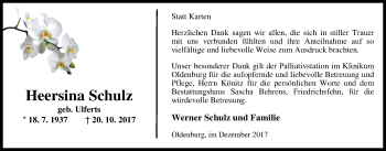 Traueranzeige von Heersina Schulz von Nordwest-Zeitung