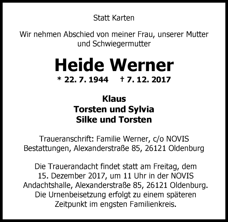  Traueranzeige für Heide Werner vom 11.12.2017 aus Nordwest-Zeitung