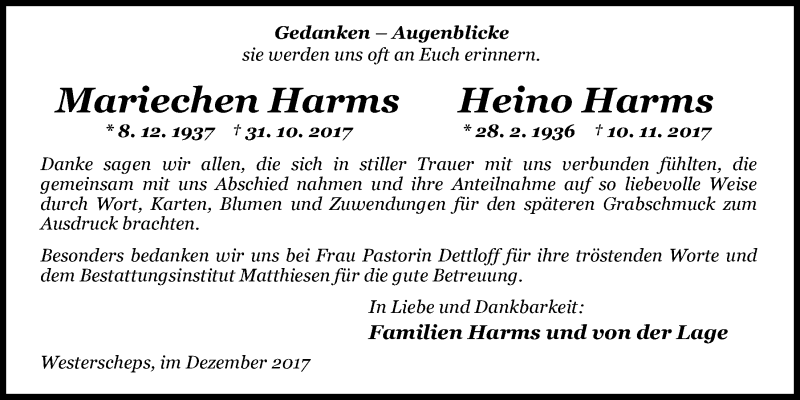  Traueranzeige für Heino Harms vom 16.12.2017 aus Nordwest-Zeitung
